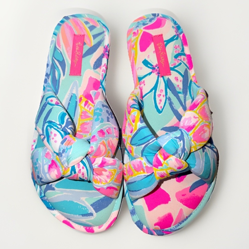 Lilly Pulitzer Pool Slipper Sea Glass Aqua Rainforest Retreat Knot Slides S/M